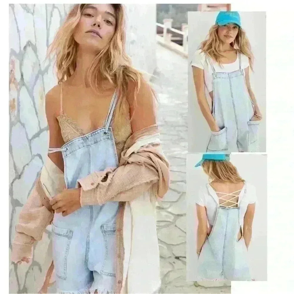 Aerie Blue Denim Overalls Romper Cotton Size  M